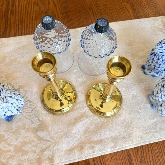 Vintage Brass and Blue Glass Candle holders - Picture 8 of 12